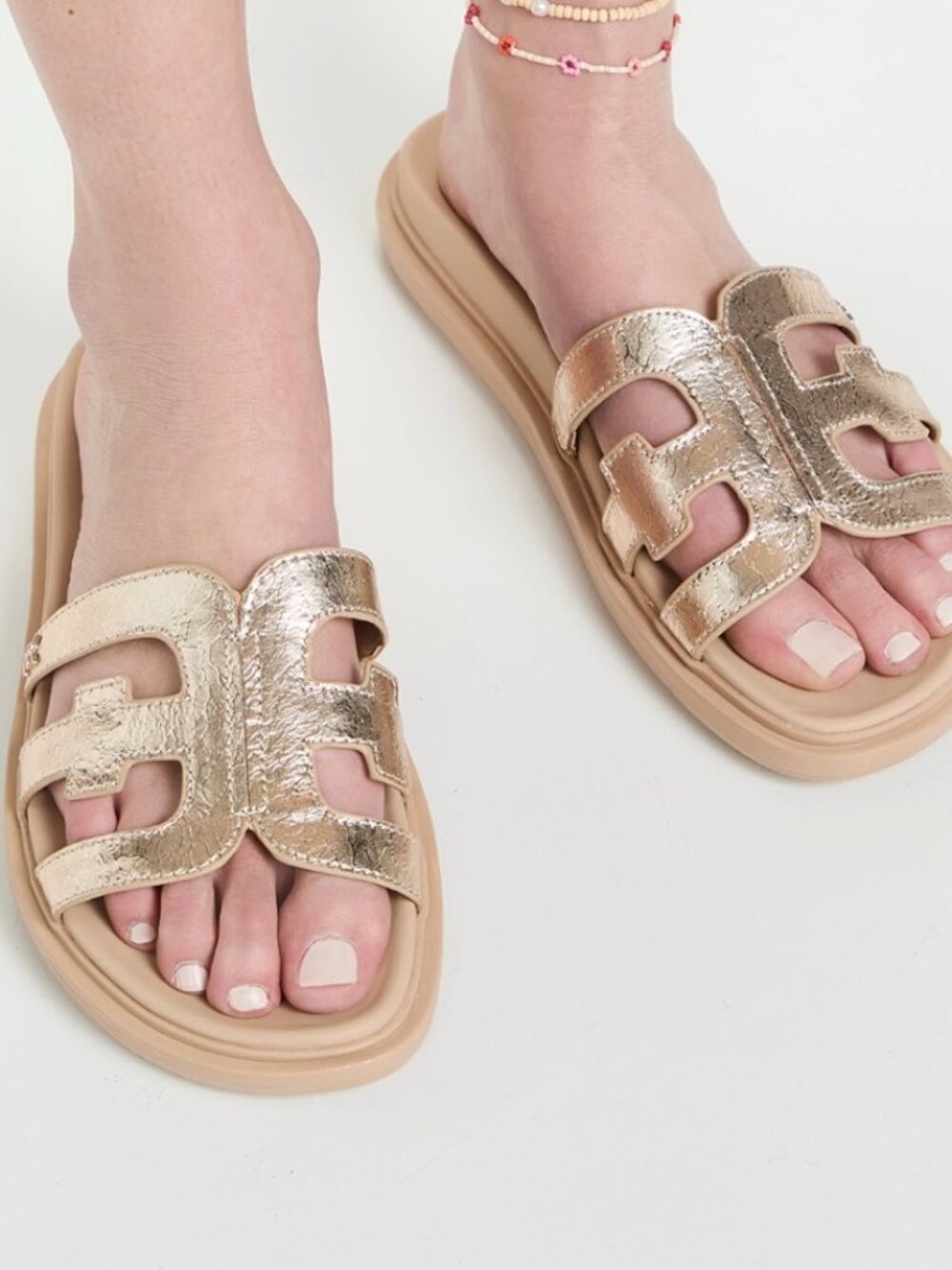Sam Edelman Valeri Leather Gold Logo Women's Slide Sandals Size 7.5